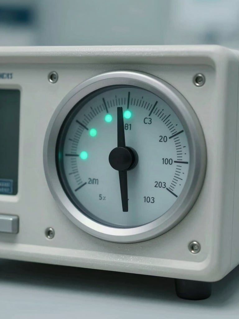 Top-down macro photograph of a clinical audiometer interface, focusing on a precise digital decibel dial and glowing teal indicator lights in a sterile laboratory environment.