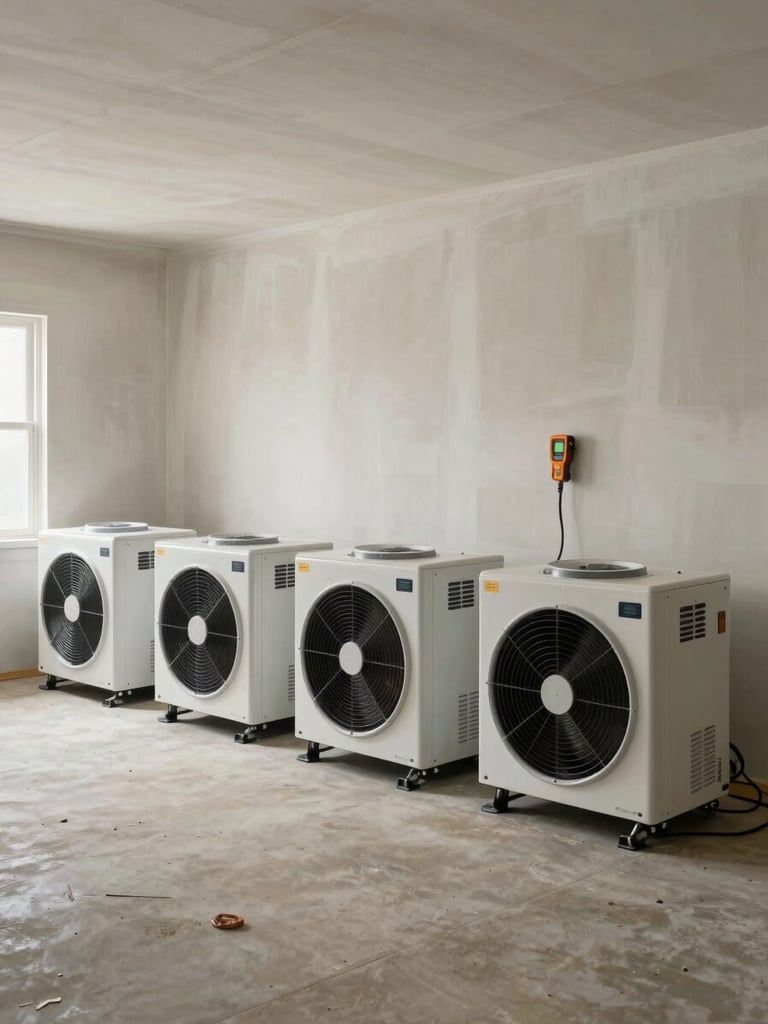Wide shot of a bare drywall room with four industrial dehumidifiers and air movers running in formation, moisture meter affixed to wall stud, cables on concrete floor, cool ambient interior light