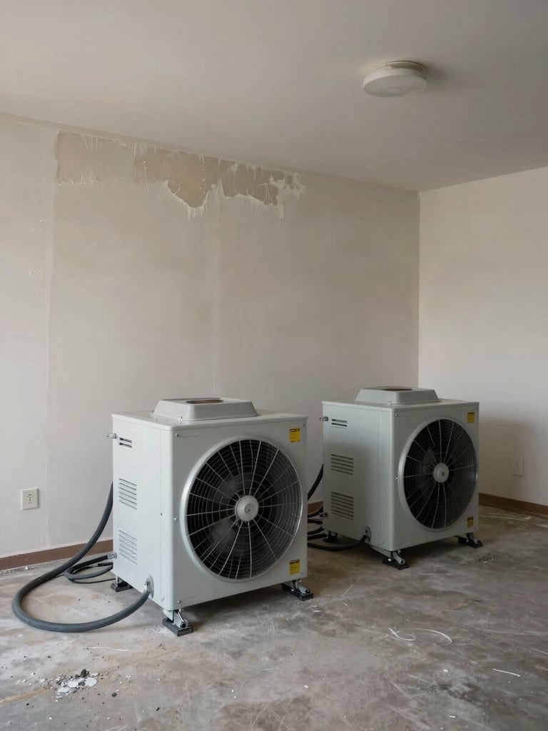 Wide documentary interior shot, overcast ambient light, industrial air movers and dehumidifiers running in an empty residential room, moisture-damaged drywall visible to the left third, equipment hoses on concrete floor, no people
