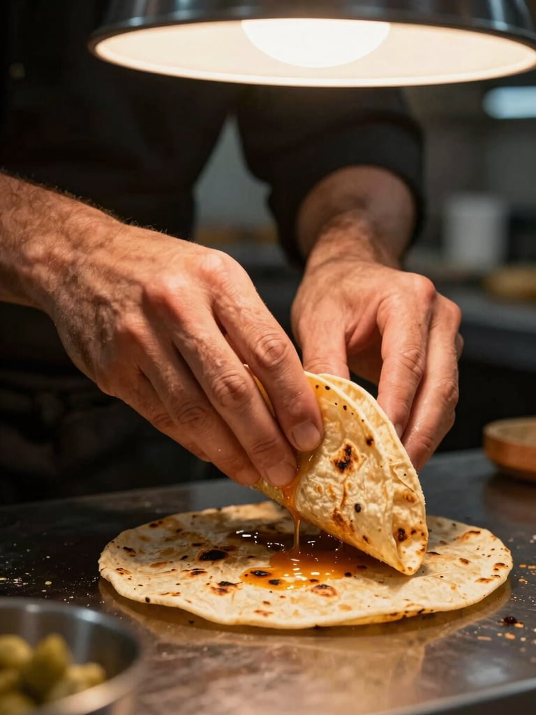 Portrait-format close-up of a chef's hands folding a taco at a live station, warm tungsten light overhead, char marks on the tortilla visible, sauce drizzle mid-pour in the foreground, dark blurred station background