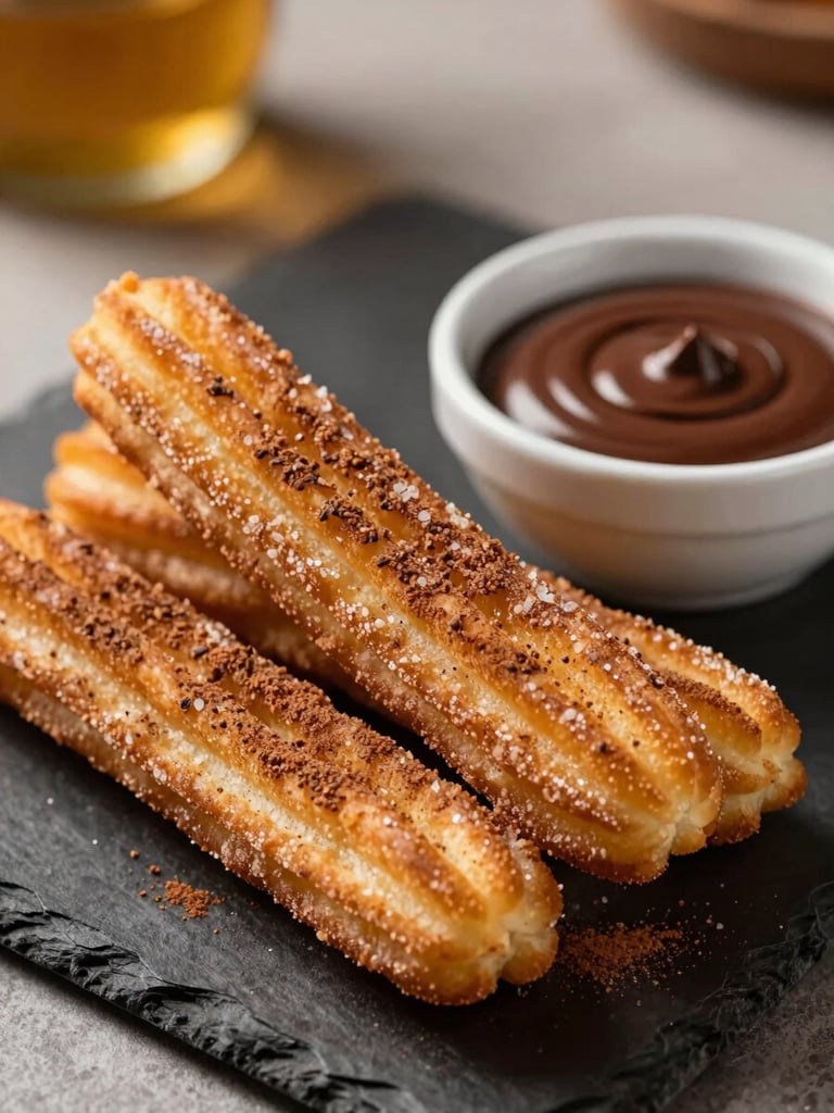Close-up of churros dusted with cinnamon sugar arranged on a dark slate board beside a small bowl of chocolate dipping sauce, warm golden-hour side light, shallow depth of field, background softly blurred
