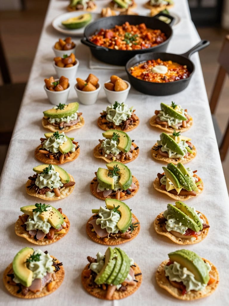 Overhead shot of a full appetizer spread on a long serving table, small tostadas with crema and avocado, elotes in small cups, and queso fundido in a cast iron skillet, bright even light, cream linen tablecloth