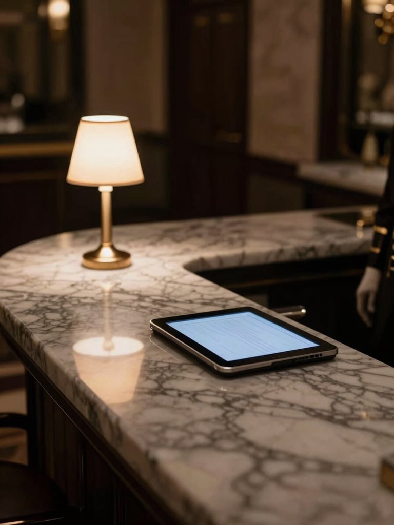 Cinematic close-up of a luxury hotel concierge desk at 3am, empty marble counter with a single ambient lamp casting a warm cone of light, a digital tablet screen glowing softly on the surface, deep shadows framing the edges, no staff present, architectural stillness
