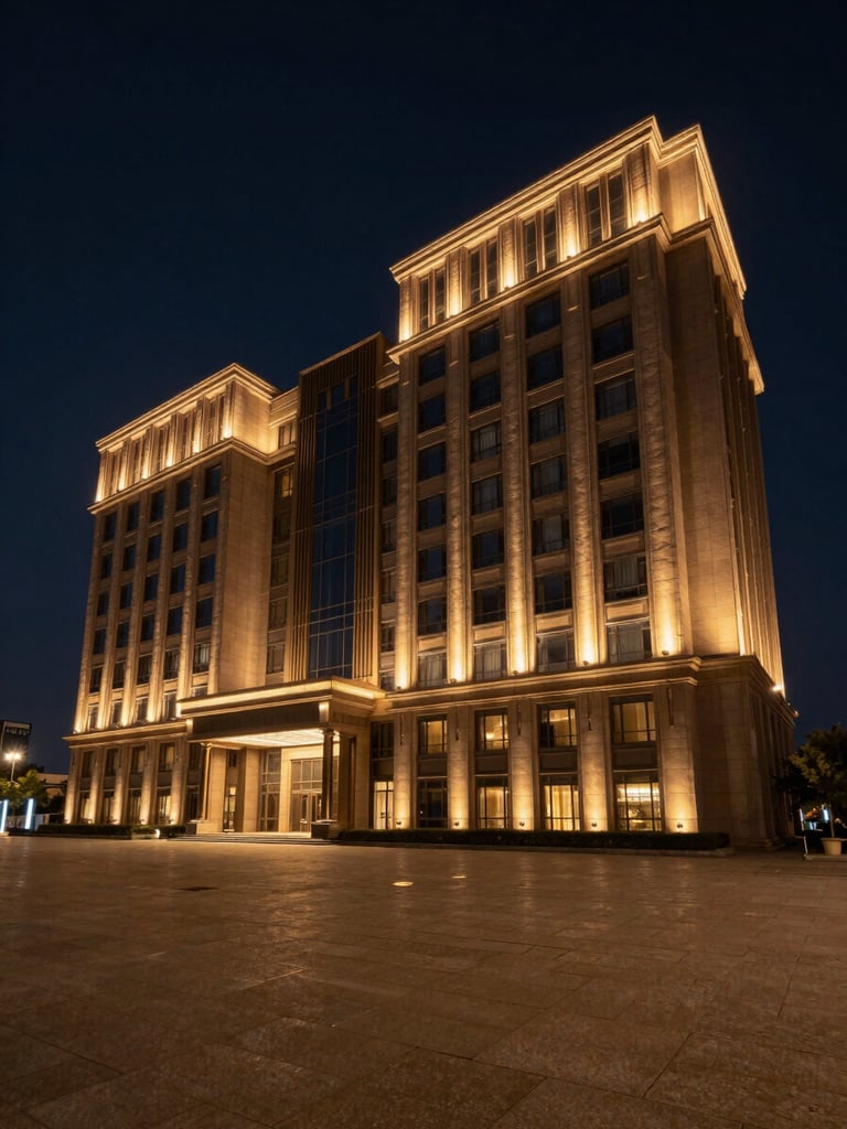 Wide panoramic shot of a five-star hotel exterior at night, façade lit by precise amber uplighting against a deep navy sky, geometric architectural lines of the building filling the right two-thirds of the frame, empty forecourt with reflective stone surface in the foreground, no people, no signage