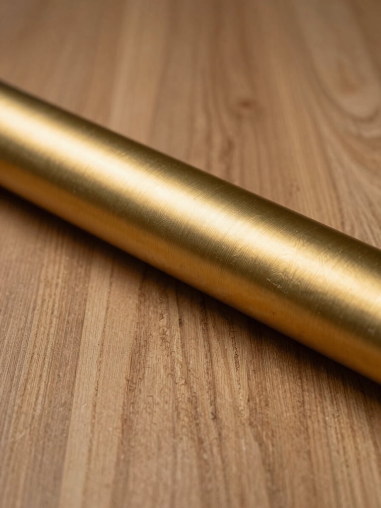 Minimalist studio composition of premium raw MDF wood textures and rolls of metallic gold vinyl, warm side lighting, soft shadows.