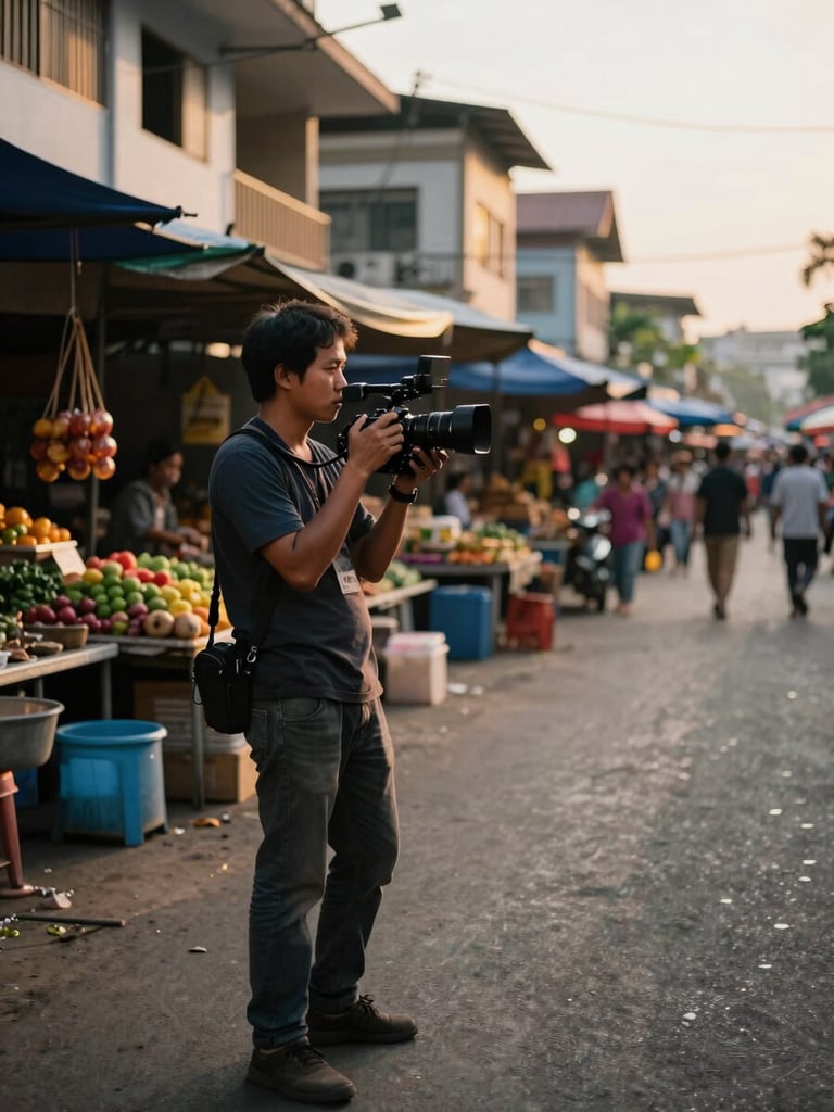 Wide environmental shot from left edge — a Cambodian videographer on location in a Phnom Penh street market, camera held steady, golden afternoon light raking across market stalls behind them, subject slightly left of center with open space to the right, natural daylight, no flash