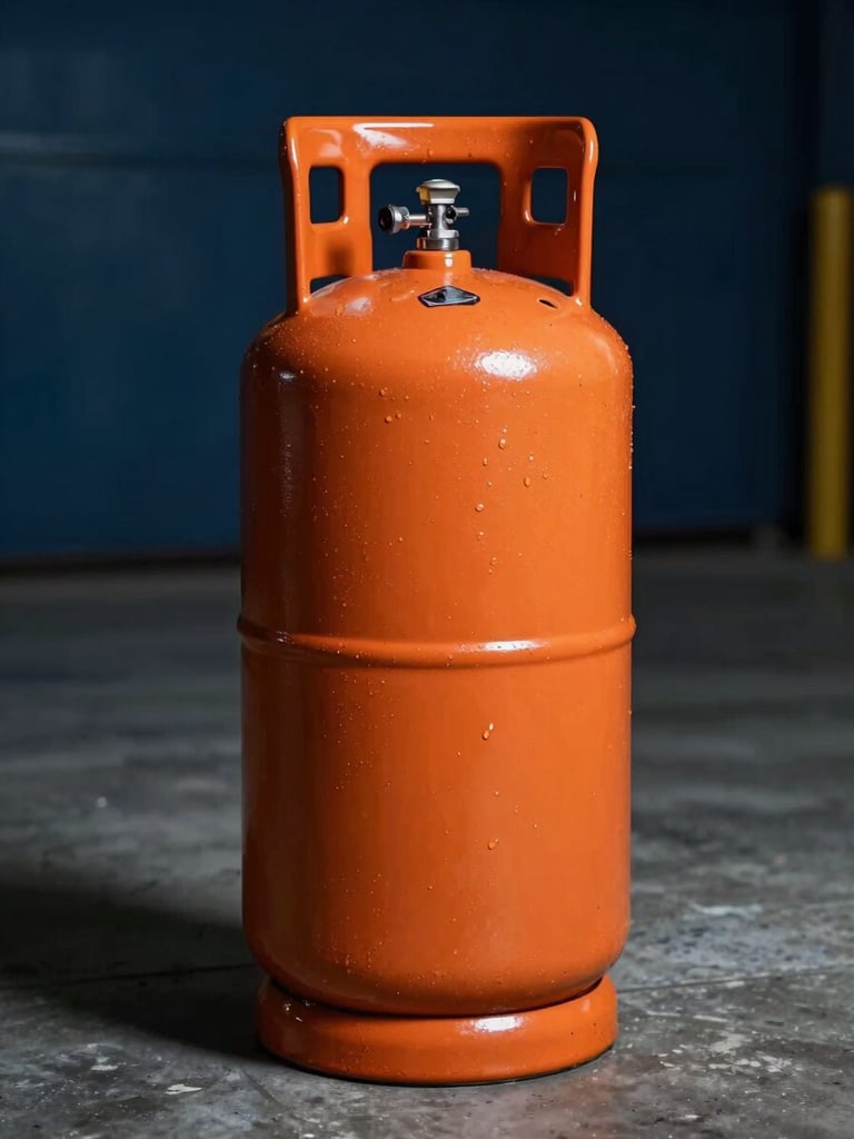 Cinematic portrait of a clean, branded gas cylinder in vibrant safety orange, standing on a polished concrete floor, sharp contrast, dark midnight blue background, dramatic side lighting.