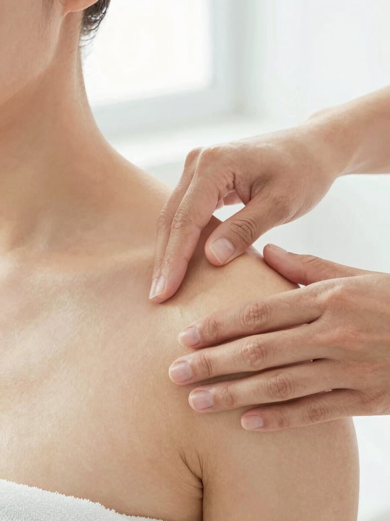 Close-up of hands-on manual therapy being performed on a patient's shoulder, bright natural daylight, clean clinical setting.