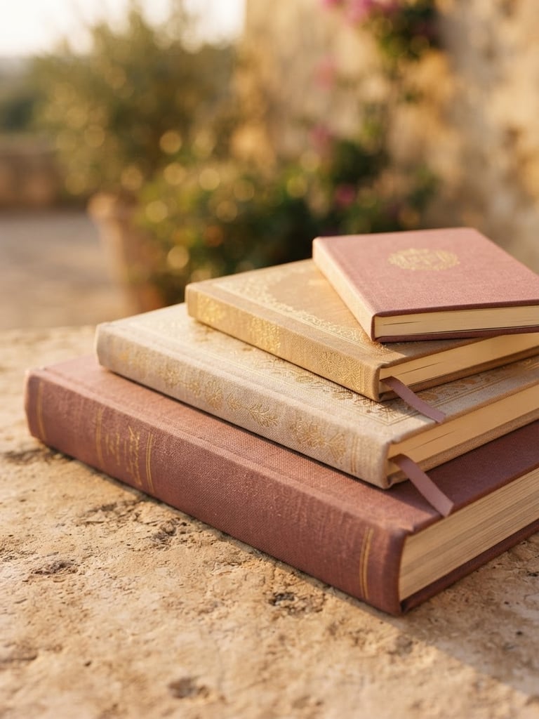 Close-up of elegant linen-textured course books and gold-embossed notebooks on a warm stone table, soft shadows, warm Sicilian golden hour light, shallow depth of field.