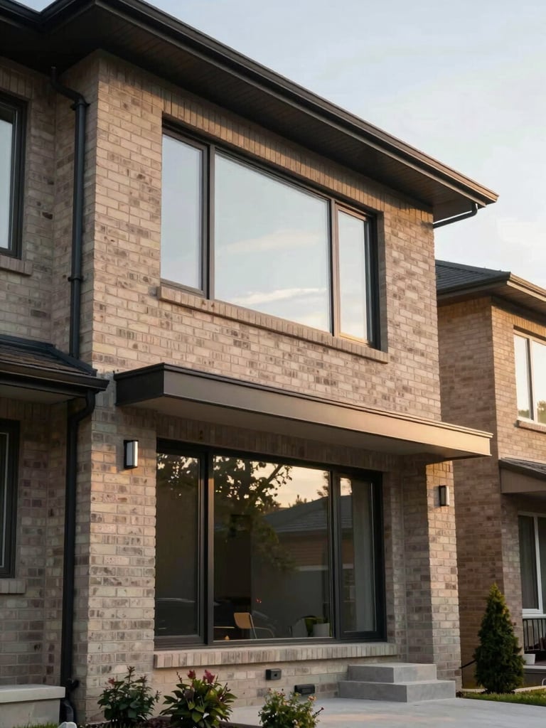 Soft natural daylight reflecting on a modern brick home exterior in Toronto, clean architectural lines, warm neutral tones.