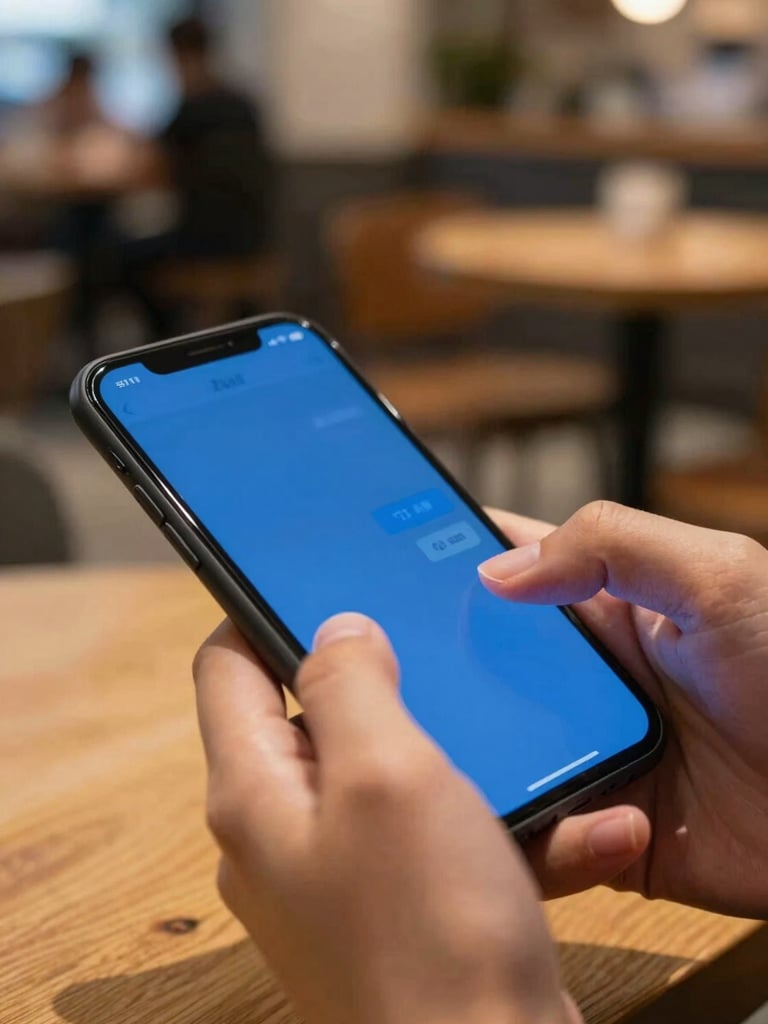 Close-up of hands typing a text message on a modern smartphone, warm side-lighting, blurred background of a cozy local café interior.
