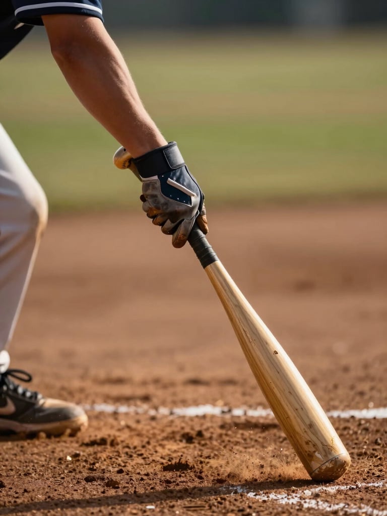 Close-up of a young player's hands gripping a worn baseball bat, dirt-caked batting gloves, golden afternoon light catching the grain of the wood, shallow depth of field, infield clay visible below