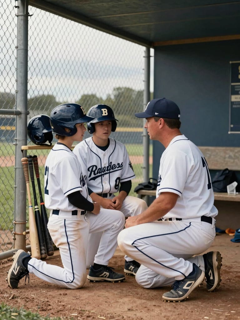 Tight documentary shot of a youth baseball dugout, coach kneeling at eye level speaking directly to two players in game uniforms, bats and helmets in the rack behind them, warm overcast daylight through the chain-link opening