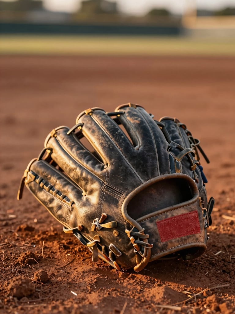 Close-up of a worn baseball glove resting on a dirt infield at dusk, laces frayed, red clay dust on the leather palm, shallow depth of field, golden-hour backlight, no people in frame