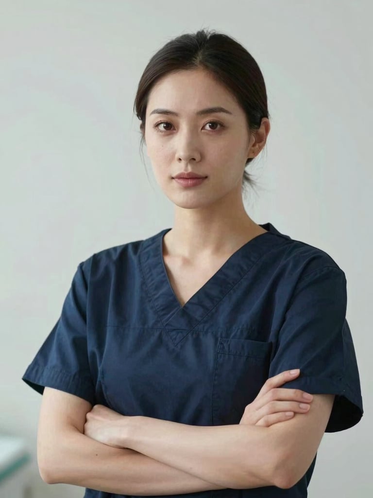 Editorial portrait of a female surgeon in soft daylight, looking confident, medium-close framing, clean minimalist background.