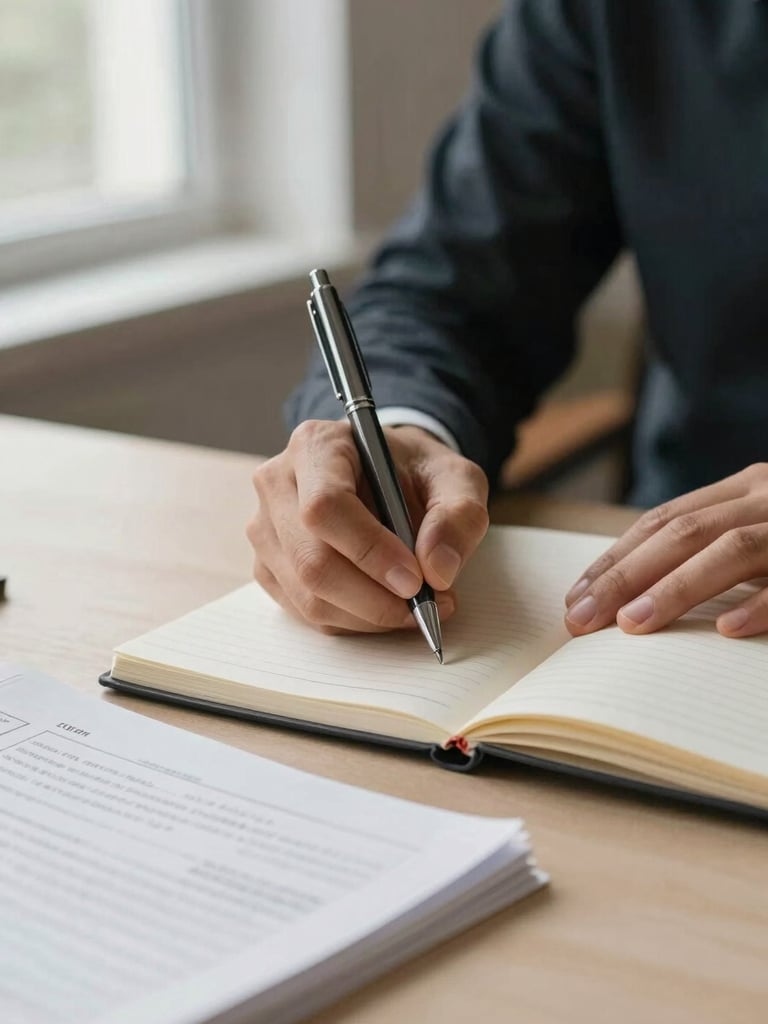 Close-up of a person's hands at a table, writing in a ruled notebook with a pen, a small stack of printed worksheets nearby, soft overcast window light from the left, warm neutral surface, no face visible — focus on the act of planning