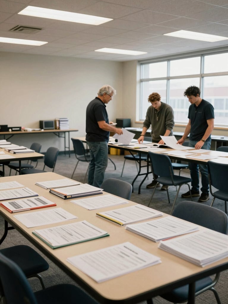 Wide environmental shot of a well-used community room — folding tables pushed together, resource binders and printed sheets spread out, three people standing and reviewing materials, plain fluorescent and window light, real space in active use, no posed arrangement