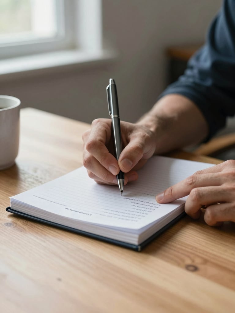 Close-up of a person's hands at a plain wooden table, writing in a notebook with a pen, a printed worksheet and a mug visible at the edge of the frame, soft indoor overcast light from a nearby window, no faces visible, focus on the act of writing and the physical materials on the table