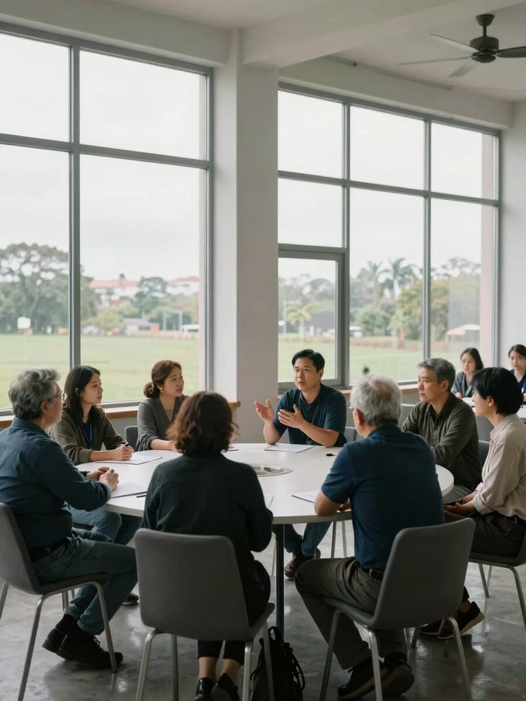 Wide environmental shot of a small group of adults seated around a round table in a community room, one person gesturing while others listen, overcast daylight through tall windows, real space in use, no posed expressions