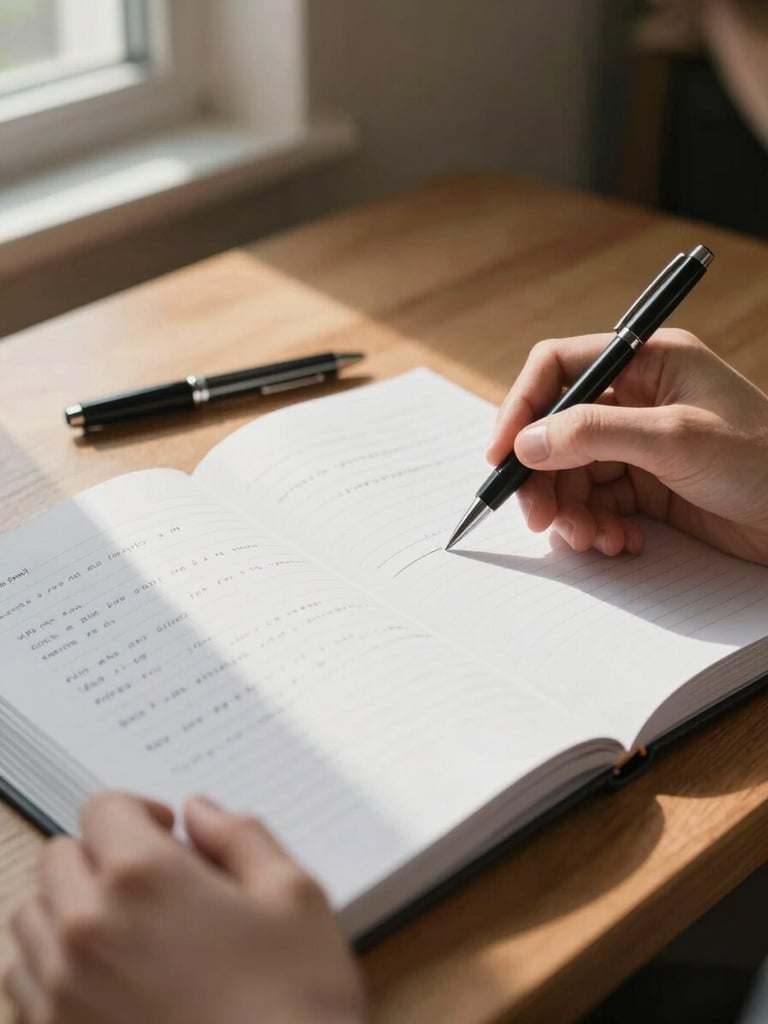 Close-up of a person's hands resting on an open workbook at a wooden table, pen nearby, natural indoor light from a window to the left casting soft shadows across the page, focus on the handwritten notes visible mid-page