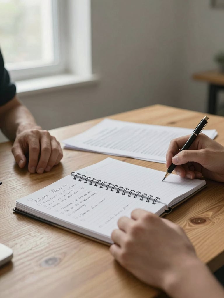 Close environmental shot of a plain wooden table surface: open spiral notebook with handwritten notes, a printed resource sheet, and two hands resting near the materials in a moment of pause — natural overcast window light from the left, warm gray wall out of focus in the background, no faces visible, quiet and purposeful
