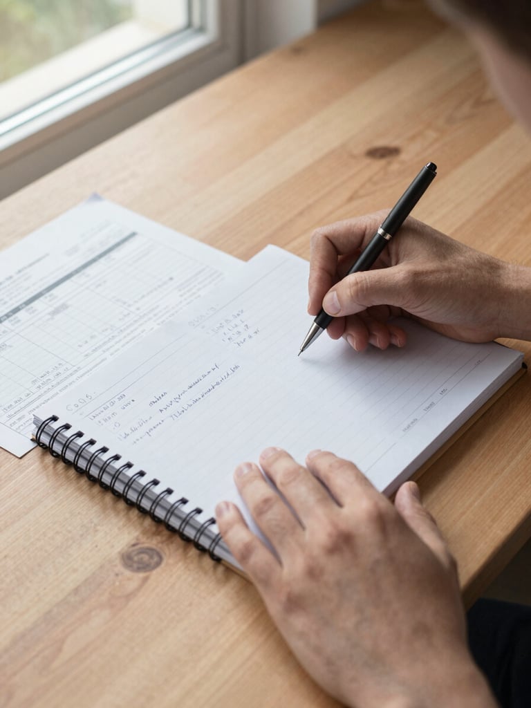 Close overhead shot of a wooden table surface, hands resting on an open spiral-bound workbook with handwritten notes and a printed budget worksheet beside it, a pen held mid-sentence, natural indoor daylight from a nearby window, warm neutral tones
