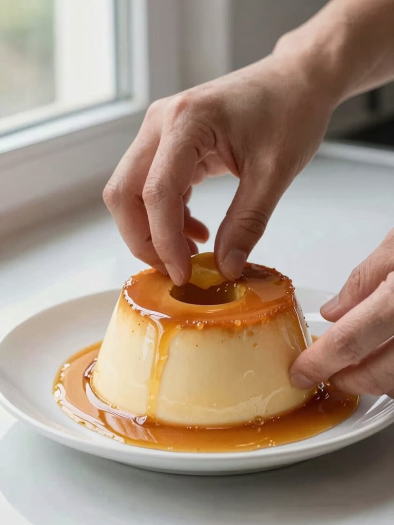 Portrait shot of skilled hands carefully unmolding a traditional Brazilian flan (pudim) onto a white ceramic plate, soft side window light, rich caramel and cream tones, macro depth of field, clean and elegant kitchen background.