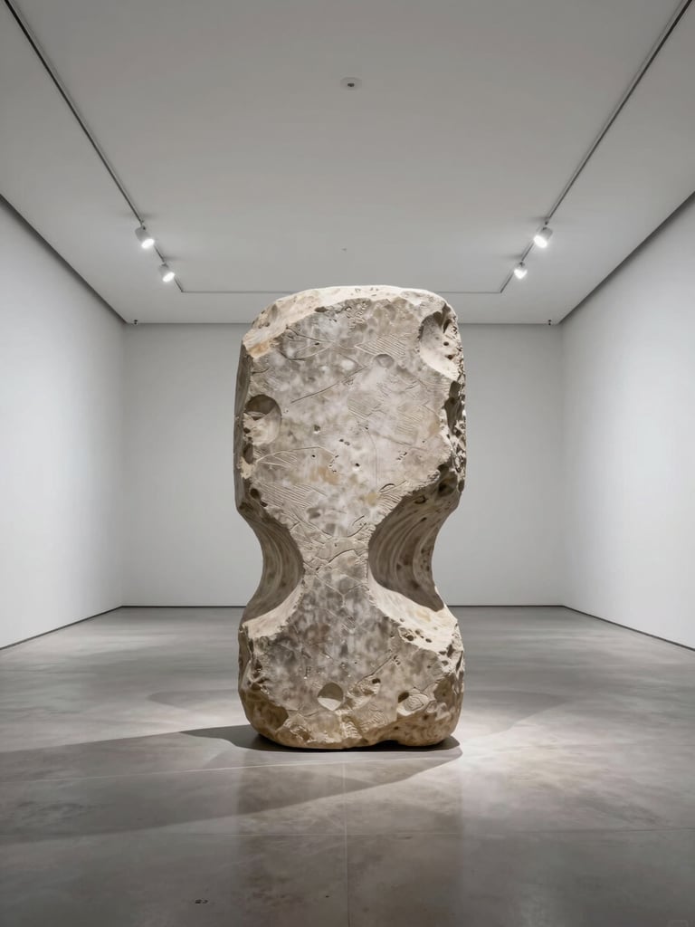 Panoramic architectural interior, a large eroded stone sculpture centered in an empty white-walled gallery room, high ceilings, cool gallery strobe light casting sharp shadow geometry on the floor, wide negative space on all sides, no decor, no human presence, overhead perspective slightly tilted