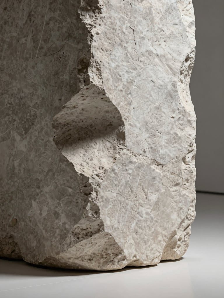 Extreme close-up of a monolithic stone sculpture edge, cool gallery strobe raking across the surface from the left, deep shadows carving into erosional marks and mineral strata, pure white ground, no styling, the surface logic of geological time made architectural