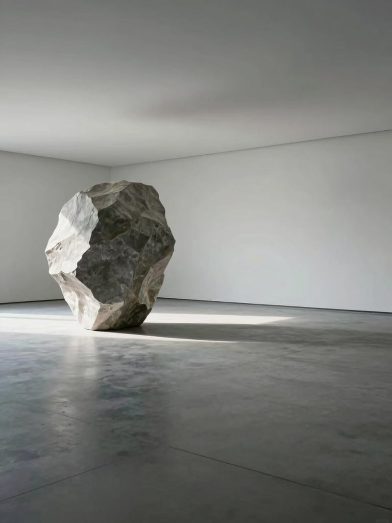 Wide architectural shot of a completed monolithic sculptural object in an empty gallery room, north-facing daylight, the object isolated in space, vast negative space to the right, cool mineral atmosphere, no styling