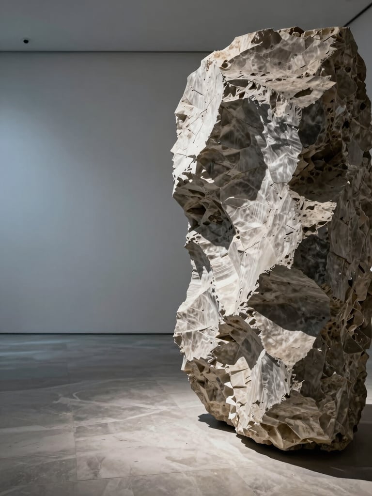 Wide architectural frame, a single monolithic mineral sculpture occupying the right two-thirds, cool north-facing gallery light, deep shadows articulating eroded surface planes, vast empty limestone floor extending left, no human reference, high contrast, no warm cast