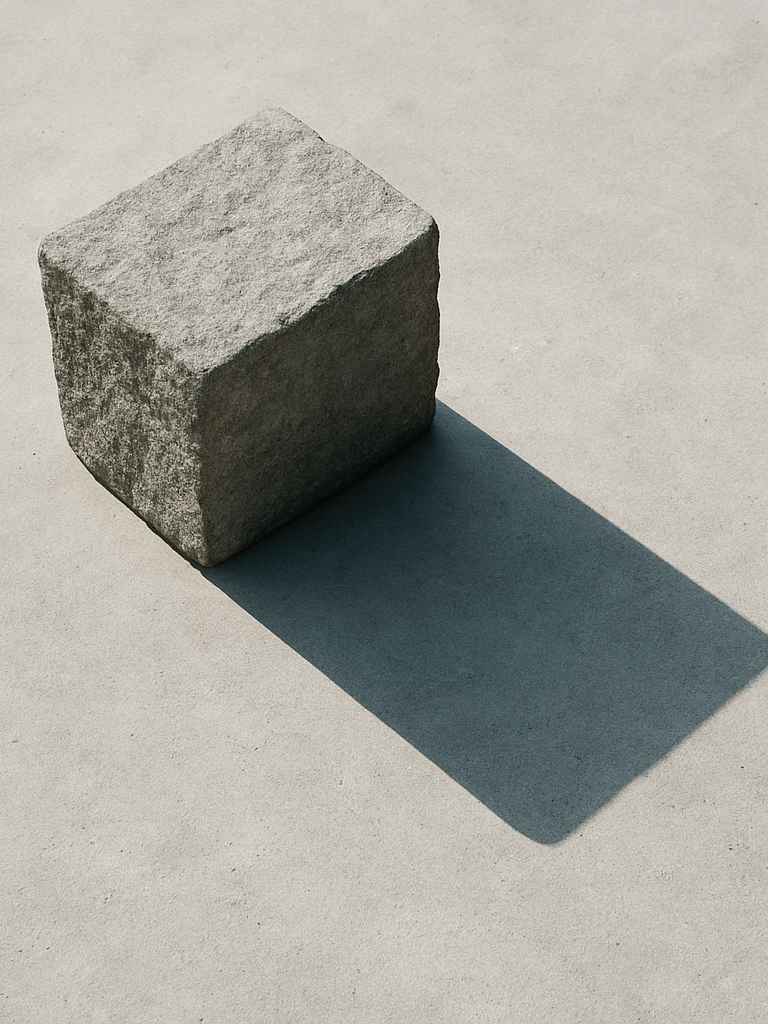 Overhead architectural study of a single dense stone form casting a precise shadow on pale concrete floor, cool diffused daylight, no warmth, no human presence, shadow geometry as dominant compositional element