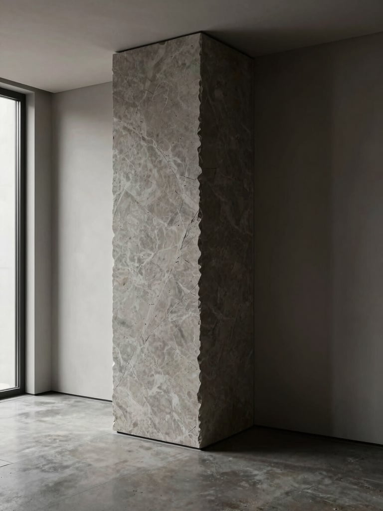 Extreme wide shot of a minimalist apartment foyer, a single tall basalt monolith placed off-center to the left, cool diffused daylight from an unseen window, deep shadow on the right wall articulating the form's volume, polished concrete floor, no furniture or decoration visible, no human figures