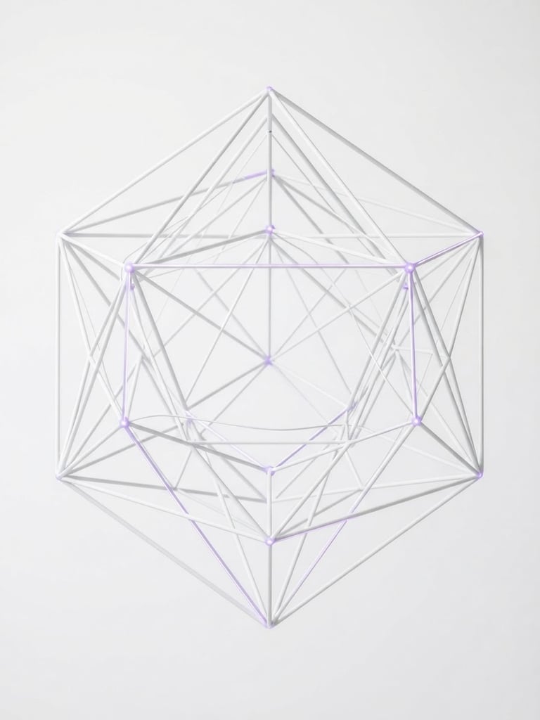Minimalist abstract geometric wireframe on a clean white background, sharp focus, bright high-key natural daylight, subtle purple accents.