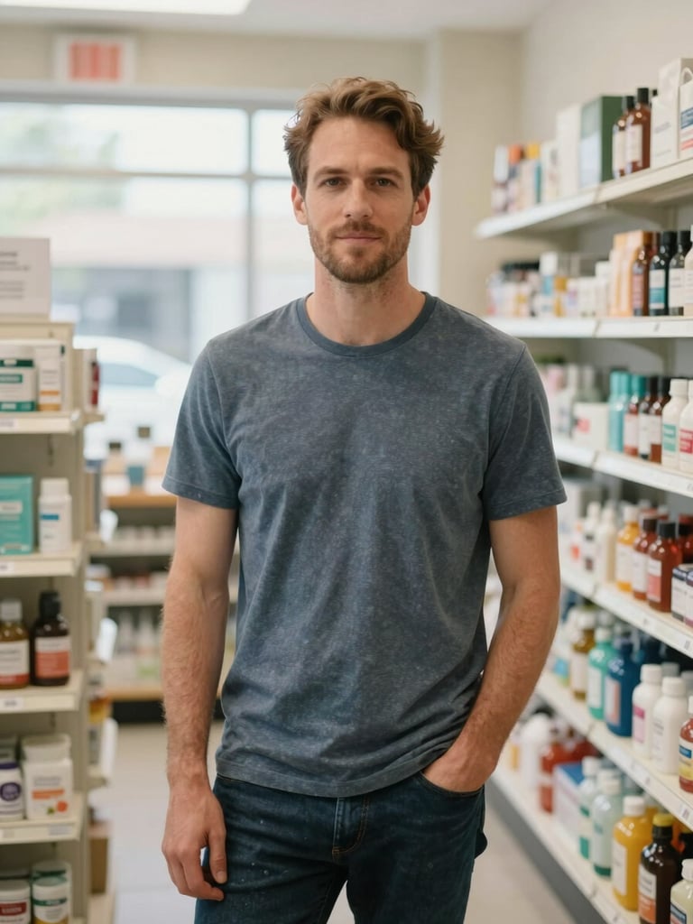 Medium shot of Andrew Collins standing inside the dispensary shop floor in natural daylight, surrounded by product shelving in the background, relaxed and direct posture, honest exposure, no studio lighting