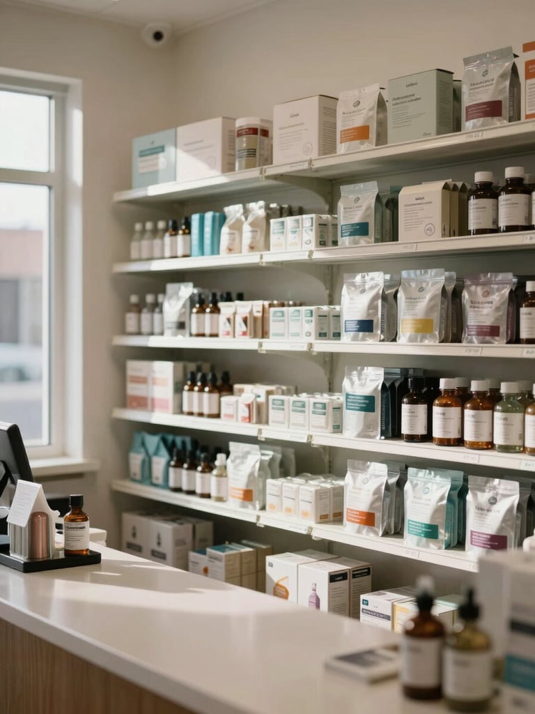 Medium shot of the dispensary interior in daylight, product packaging on clean shelves, counter visible in the foreground, natural light from a side window, no staff posed or staged