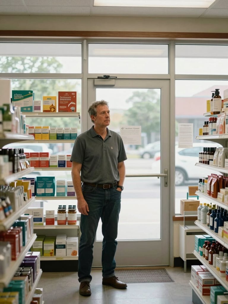 Wide environmental shot of Andrew Collins standing inside the dispensary, natural daylight through the front windows, shelves of product packaging visible behind him, honest mid-range exposure, subject positioned left of center with open shop space to the right