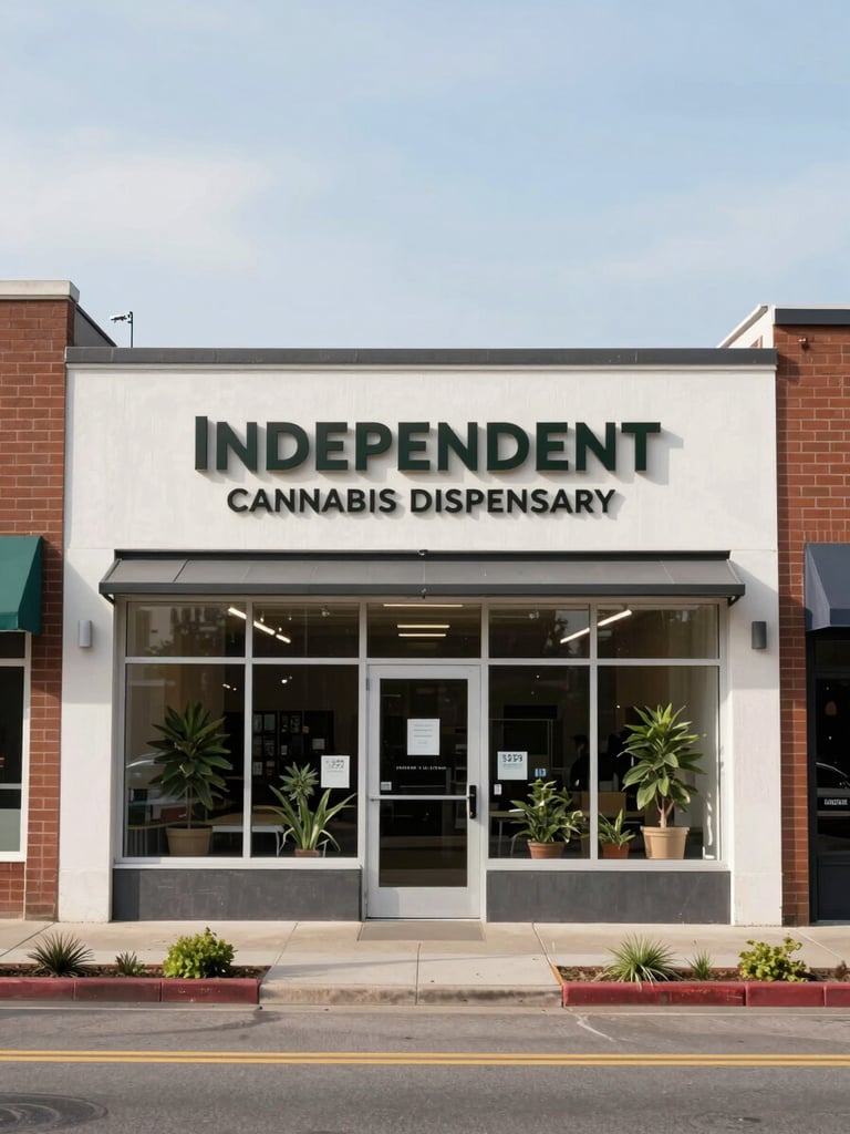 Wide environmental shot of the Independent Cannabis Dispensary storefront at 4517 Harling Ln in daylight, clean facade visible from the sidewalk, neighborhood street context on either side, honest natural light, no filters