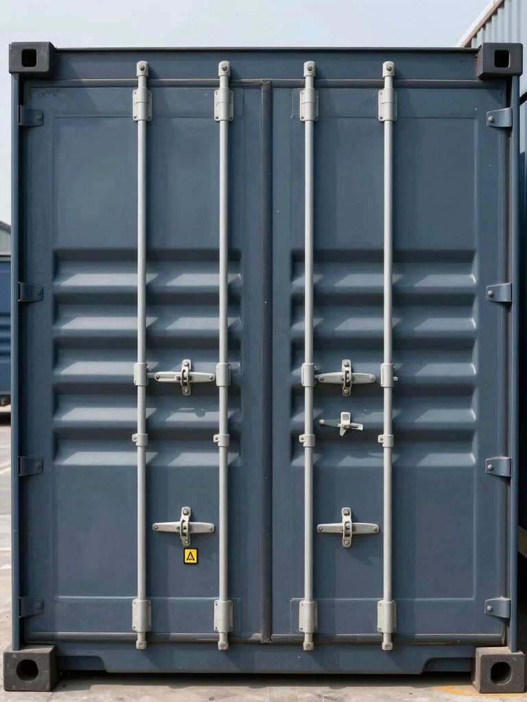 Close-up of a secure cargo container door with heavy-duty metal locks and a prominent security seal, cool daylight, architectural symmetry, 35mm lens.