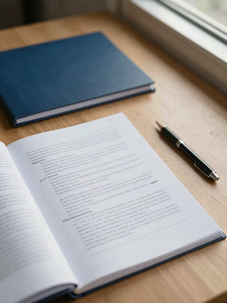 Wide desk surface viewed from above, an open contract document with handwritten annotations visible in the foreground, a mechanical pencil resting beside it, soft natural daylight from a window at the upper right edge, navy blue folder partially overlapping, muted warm tones, no people