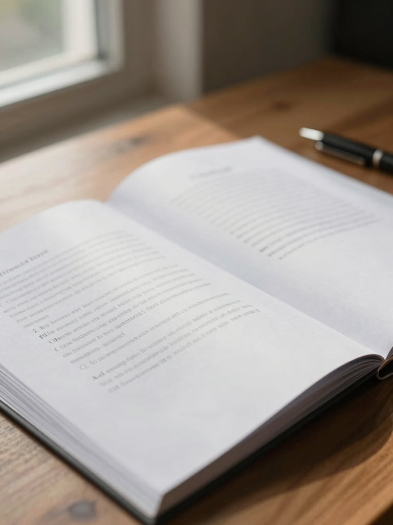 Close-up of an open contract document on a wooden desk, pages slightly fanned, natural morning light entering from a window to the left, soft shadows across the paper surface, a pen resting at the edge