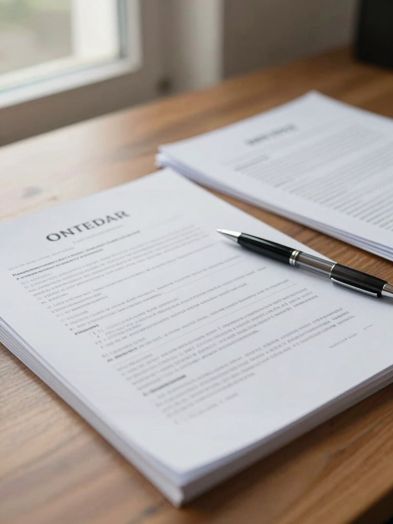 Close-up of an open contract and planning documents spread across a wooden desk, a pen resting mid-page, soft natural daylight from a window at left, papers in focus with shallow depth of field