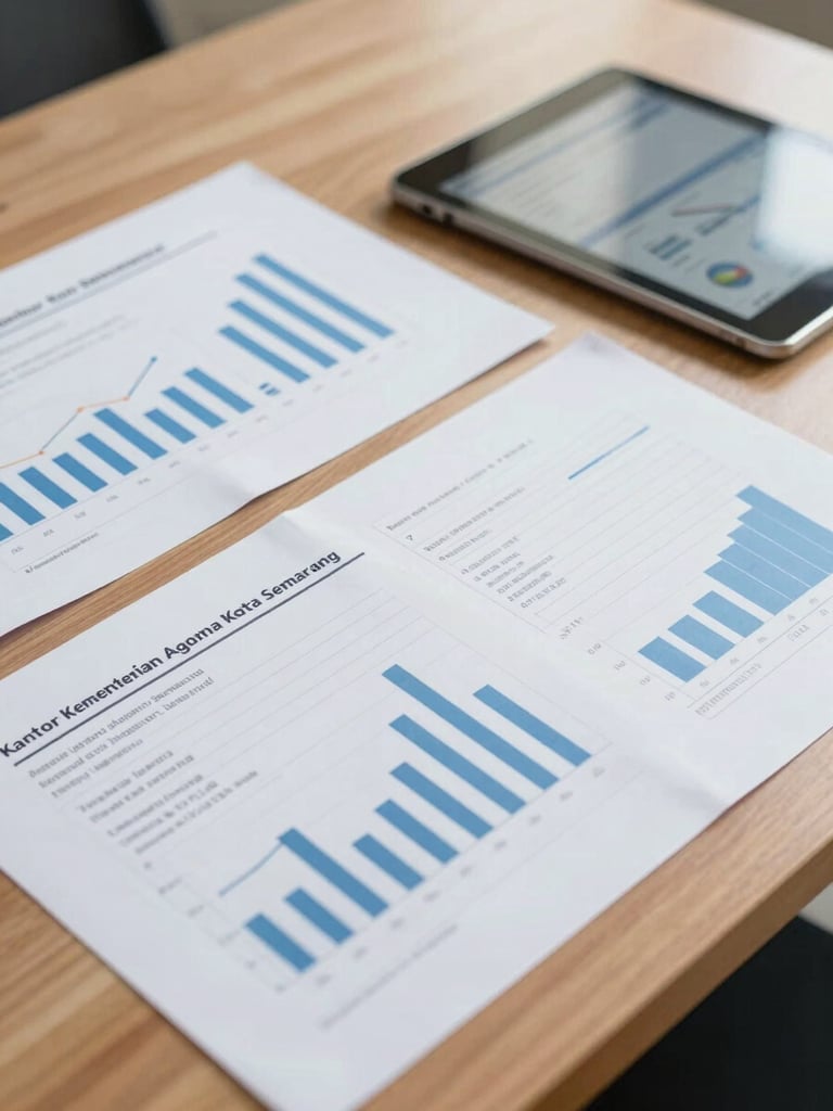 Close-up of a neat wooden table inside Kantor Kementerian Agama Kota Semarang, showing printed statistical charts and a tablet with data graphs, soft daylight