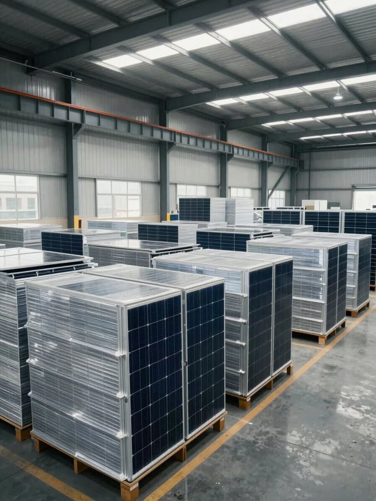 Wide shot of a modern clean industrial warehouse in India, stacked high with packaged solar panels, bright warehouse lighting, professional logistics environment.