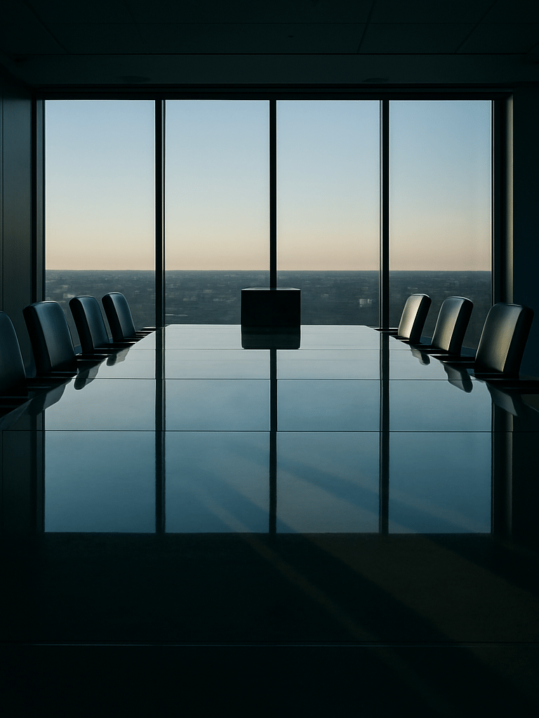 Wide panoramic shot of an empty corporate boardroom at dawn — a long glass table stretching toward floor-to-ceiling windows, cool directional light cutting geometric shadows across the surface, no people, high contrast, architectural precision