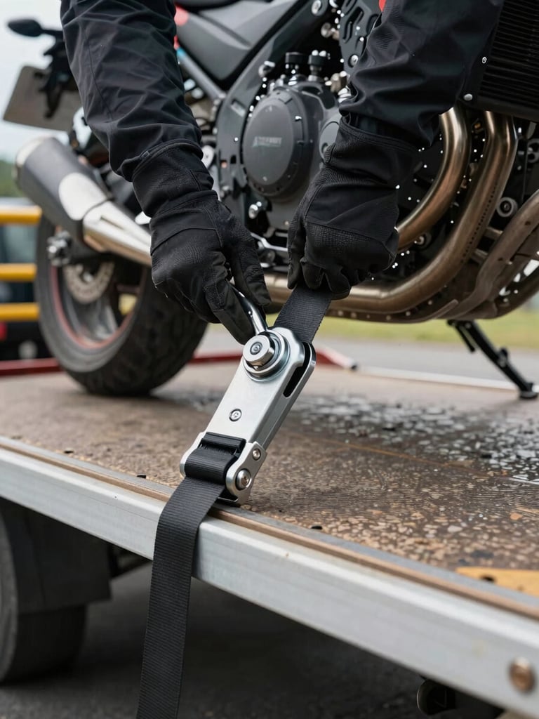 Close-up low-angle shot of gloved hands fastening a ratchet tie-down strap to a motorcycle's fork brace on a flatbed carrier deck, overcast daylight, the metal hardware and strap tension in sharp focus, asphalt visible below the carrier edge