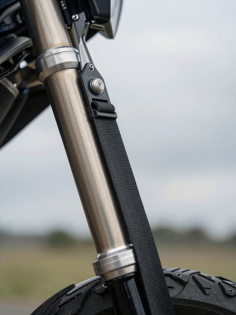 Extreme close-up of a soft loop tie-down threaded through a motorcycle subframe lift point, ratchet strap pulled taut, overcast daylight with a subtle low-angle strobe catching the metal hardware, textured carrier deck visible at the bottom edge