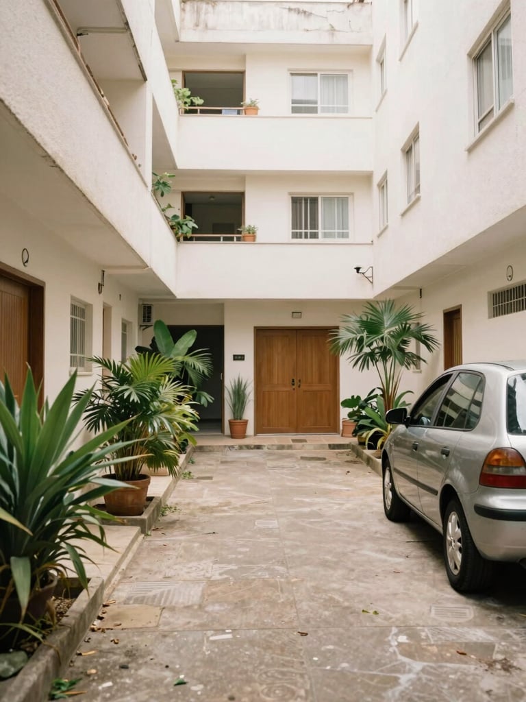 A bright apartment building driveway with a car parked, green plants on the side, clean and safe urban environment in Sao Paulo, daylight