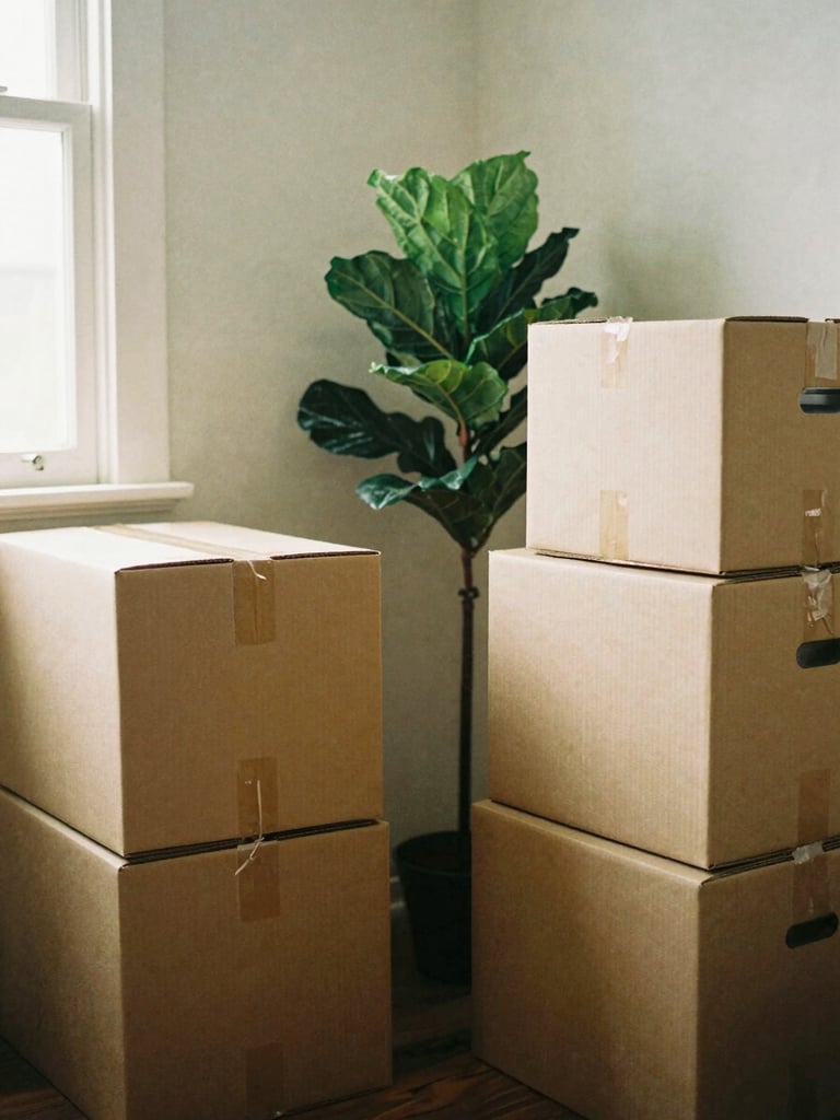 A cozy, sunlit apartment corner with stacked cardboard moving boxes next to a green potted plant, warm and nostalgic atmosphere