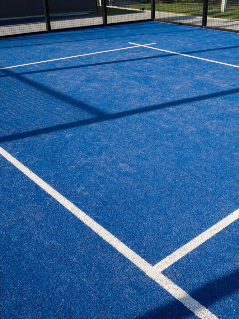 Wide environmental shot of a full premium padel court in natural daylight, sharp shadows revealing the textured playing surface and crisp white court lines, viewed from a low angle from the left side showing court depth, no players present